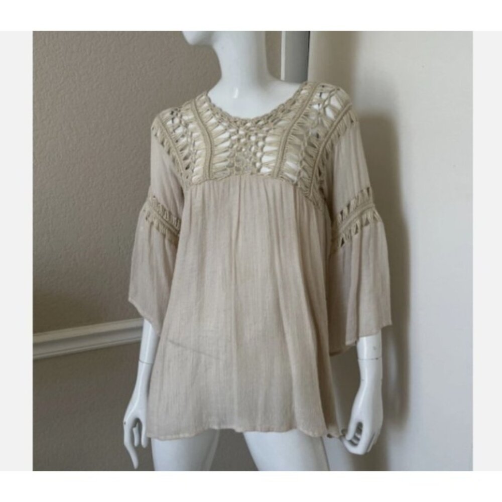 Mystic Prysm Boho Crochet Lace Bell Sleeve Beige Cream Peasant Top Sz M Gauzy - Picture 3 of 9
